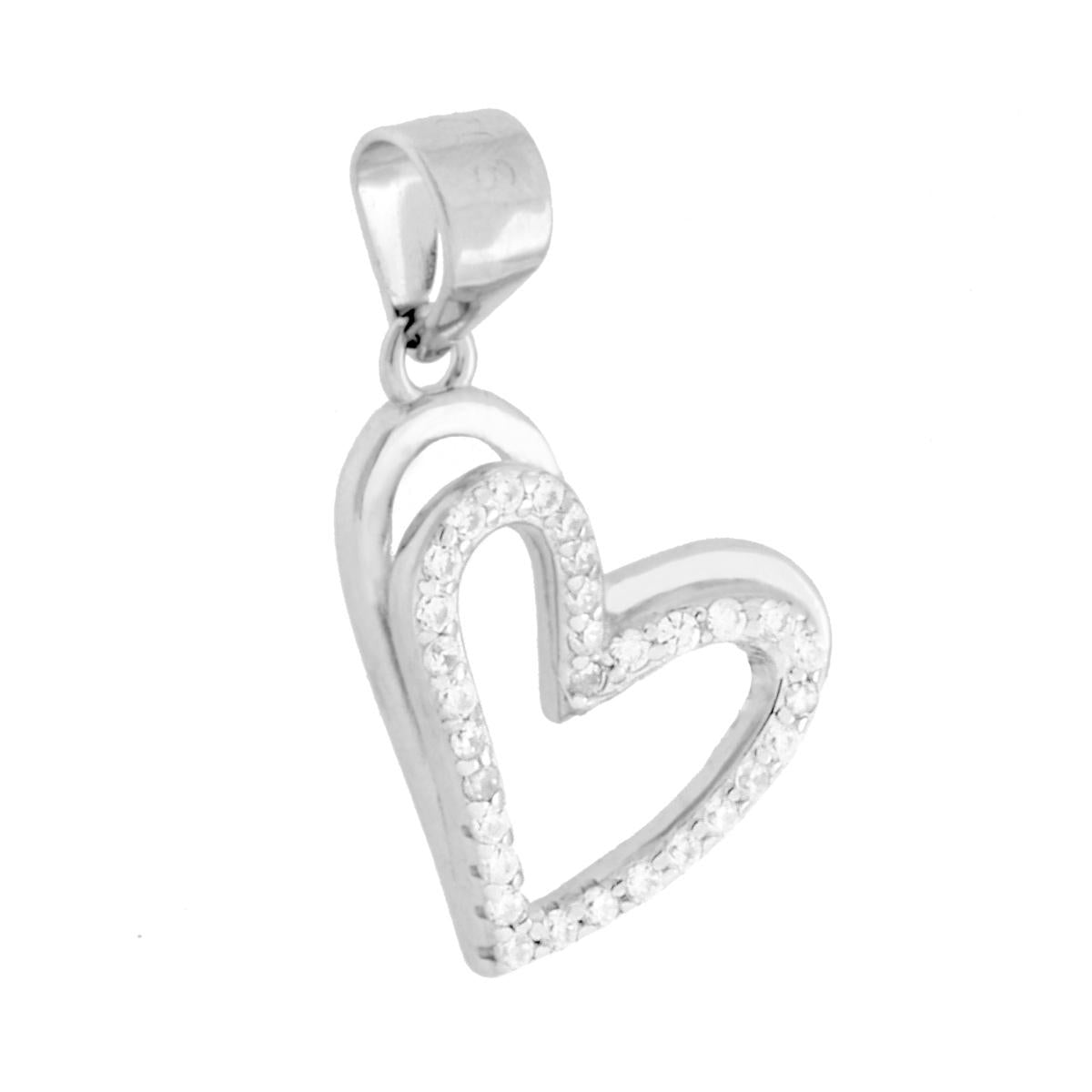 Ciondolo a forma di doppio cuore con cubic zirconia colore bianco incastonati e con finitura lucida.<BR>