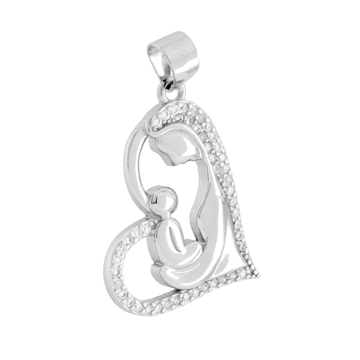 Ciondolo a forma di cuore con cubic zirconia colore bianco incastonati con all'interno sagoma Madonna con Bambino Ges con finitura liscia e lucida.