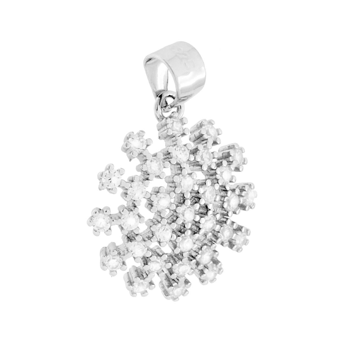 Ciondolo tondo con moltitudine di cubic zirconia bianchi a forma di fuoco di artificio.