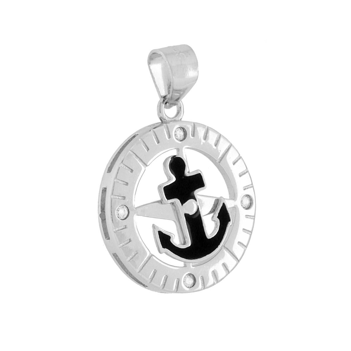 Ciondolo di forma tonda con cubic zirconia colore bianco come punti cardinali e soggetto centrale rotante a forma di ancora con applicazione smalto nero.<BR>