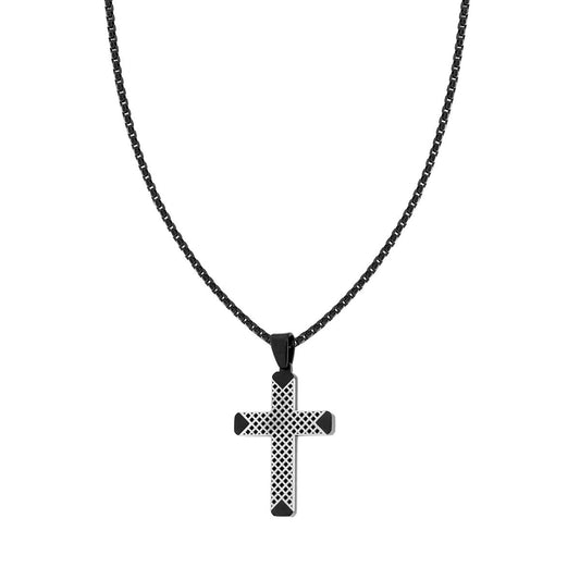 Collana Catena Veneziana tonda con Croce Nera pendente con Lavorazione Geometrica in ACCIAIO colore Nero