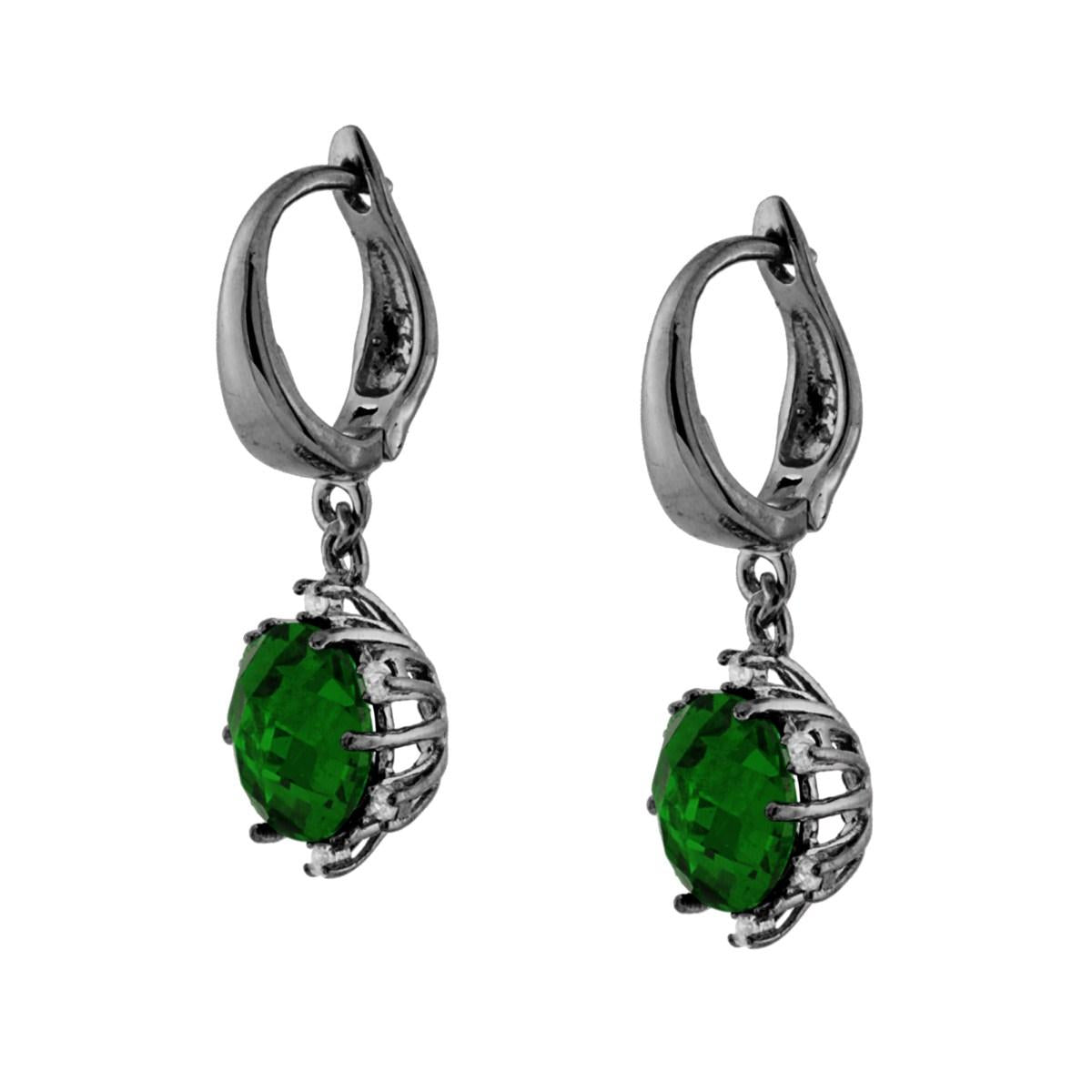Orecchini Cerchio con Cubic Zirconia Verde Smeraldo Tondo pendente in ARGENTO 925 Galvanica Rutenio
