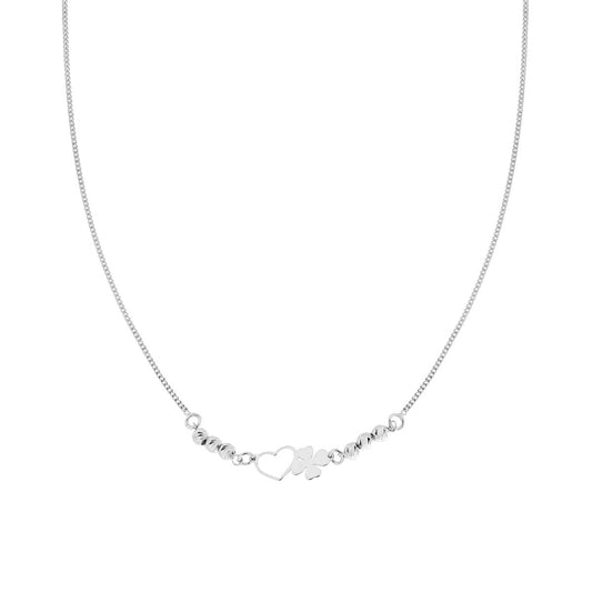 Collana Catena Grumetta e Palline Diamantate con Cuore e Quadrifoglio in ARGENTO 925 Galvanica Rodio