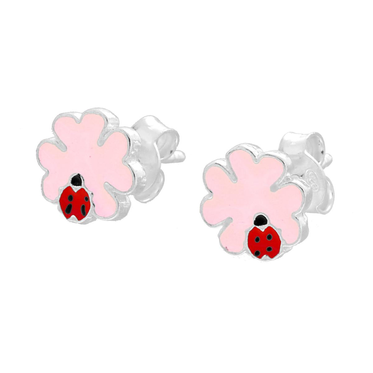 Orecchini Quadrifoglio con Coccinella e smalto Rosa e Rosso in ARGENTO 925 Galvanica Rodio