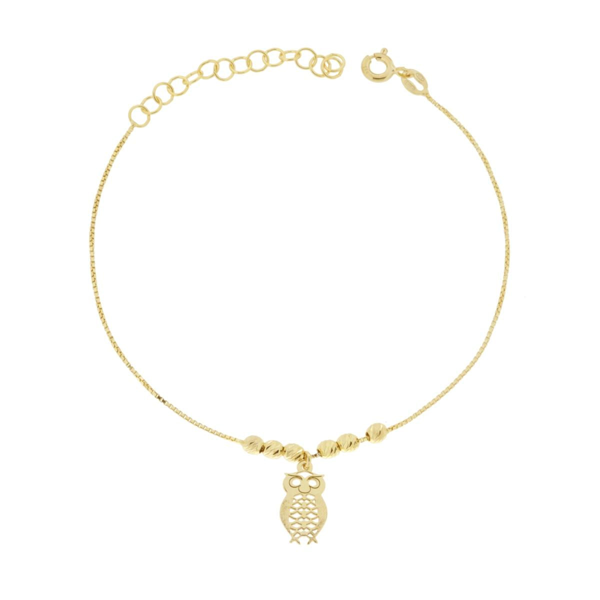 Bracciale Catena Veneziana e Palline Diamantate con Gufo in ARGENTO 925 Galvanica Oro