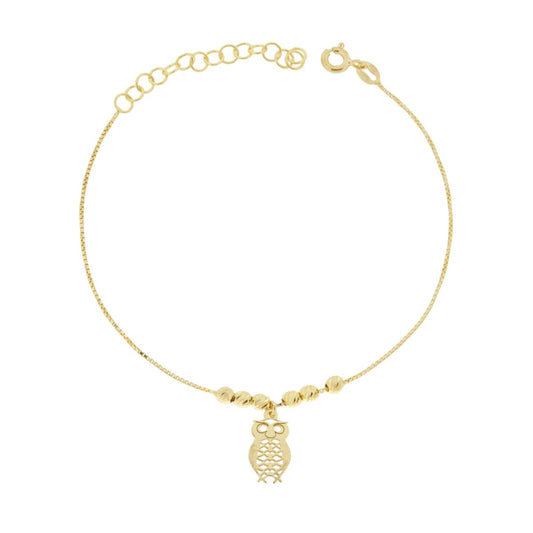 Bracciale Catena Veneziana e Palline Diamantate con Gufo in ARGENTO 925 Galvanica Oro
