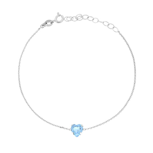 Bracciale Catena Forzatina Diamantata con Punto Luce Cuore Crystal Acquamarina in ARGENTO 925 Galvanica Rodio