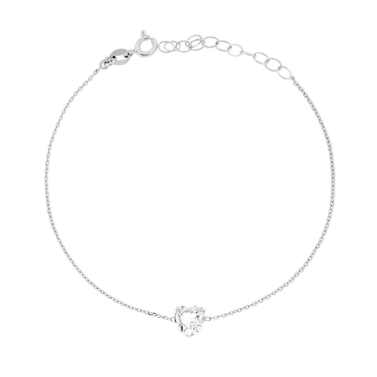 Bracciale Catena Forzatina Diamantata con Punto Luce Cuore Crystal Bianco in ARGENTO 925 Galvanica Rodio
