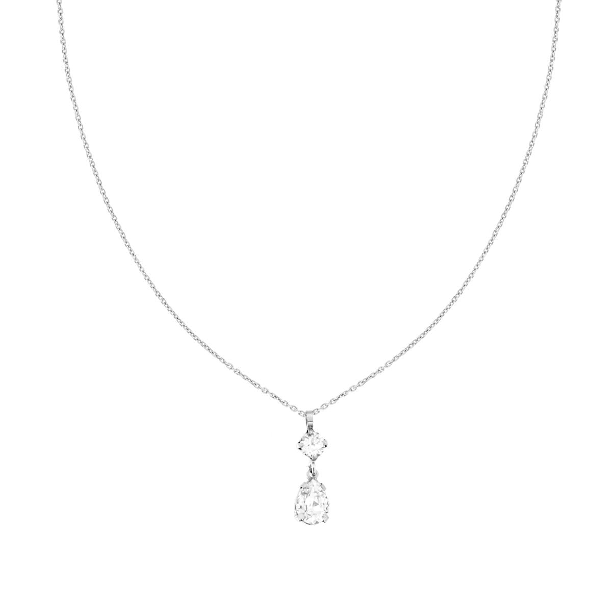 Collana Catena Forzatina Diamantata con Punti Luce Tondo e Goccia Crystal Bianco in ARGENTO 925 Galvanica Rodio