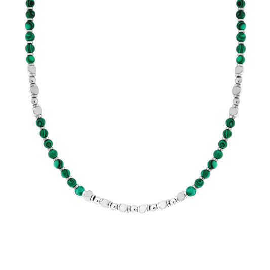 Collana Catena con Palline Pietra Malachite e Cubetti in ACCIAIO