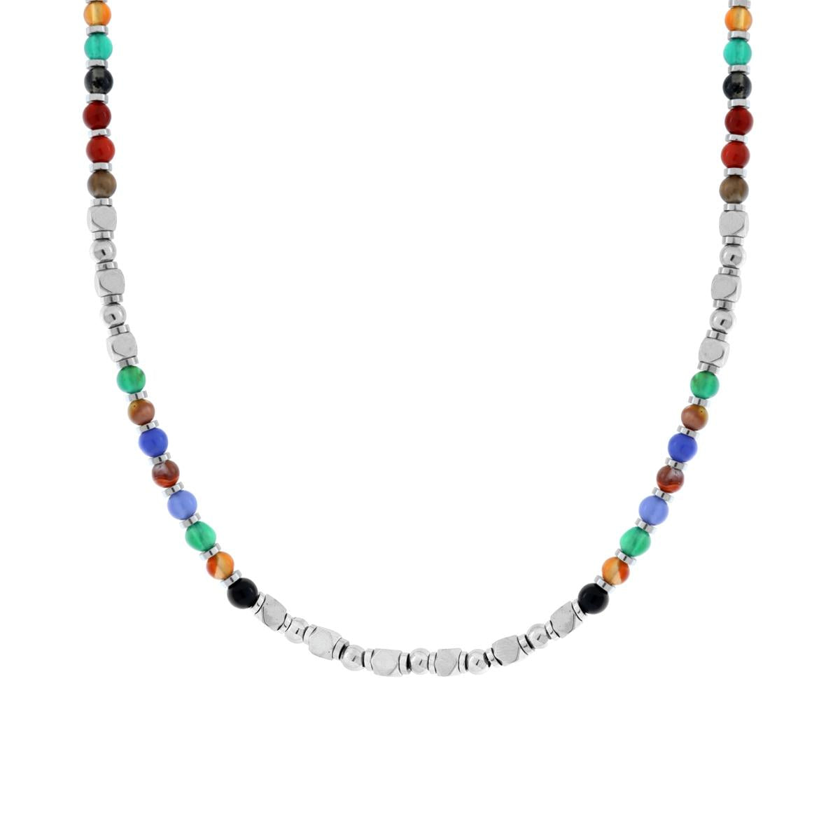 Collana Catena con Palline Pietra Multicolor e Cubetti in ACCIAIO