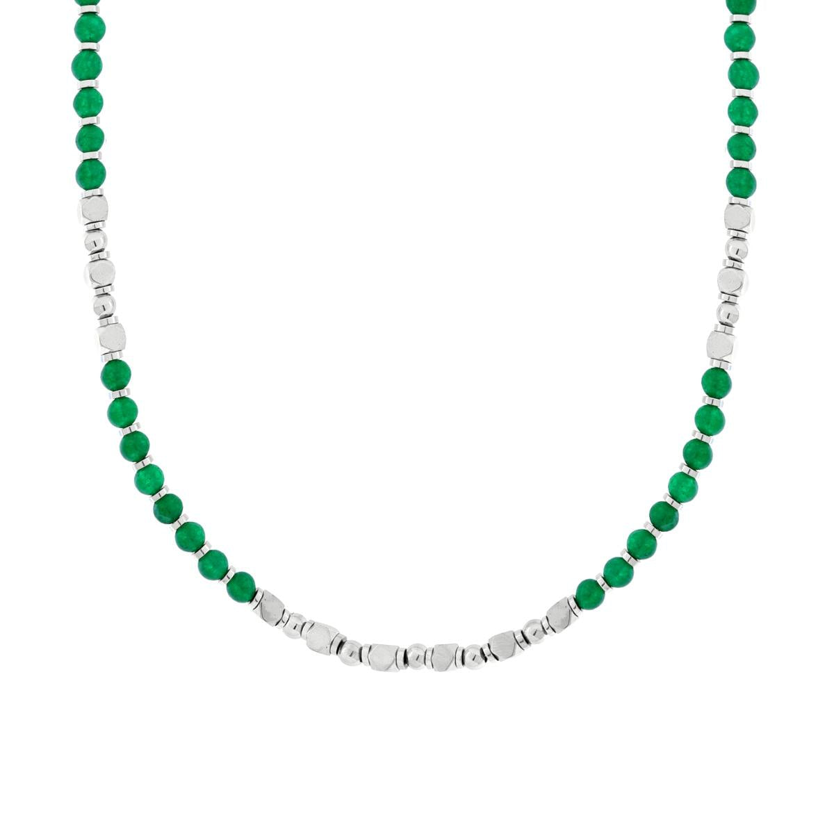 Collana Catena con Palline Pietra Verde Giada e Cubetti in ACCIAIO