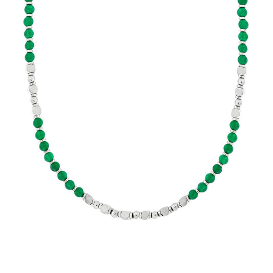 Collana Catena con Palline Pietra Verde Giada e Cubetti in ACCIAIO