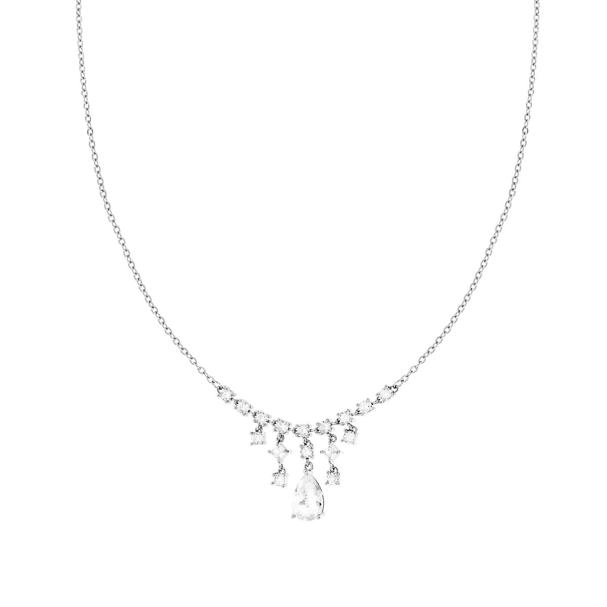 Collana Catena Forzatina Diamantata con Chandelier Crystal Bianchi Carre Tondi e Goccia Pendenti in ACCIAIO