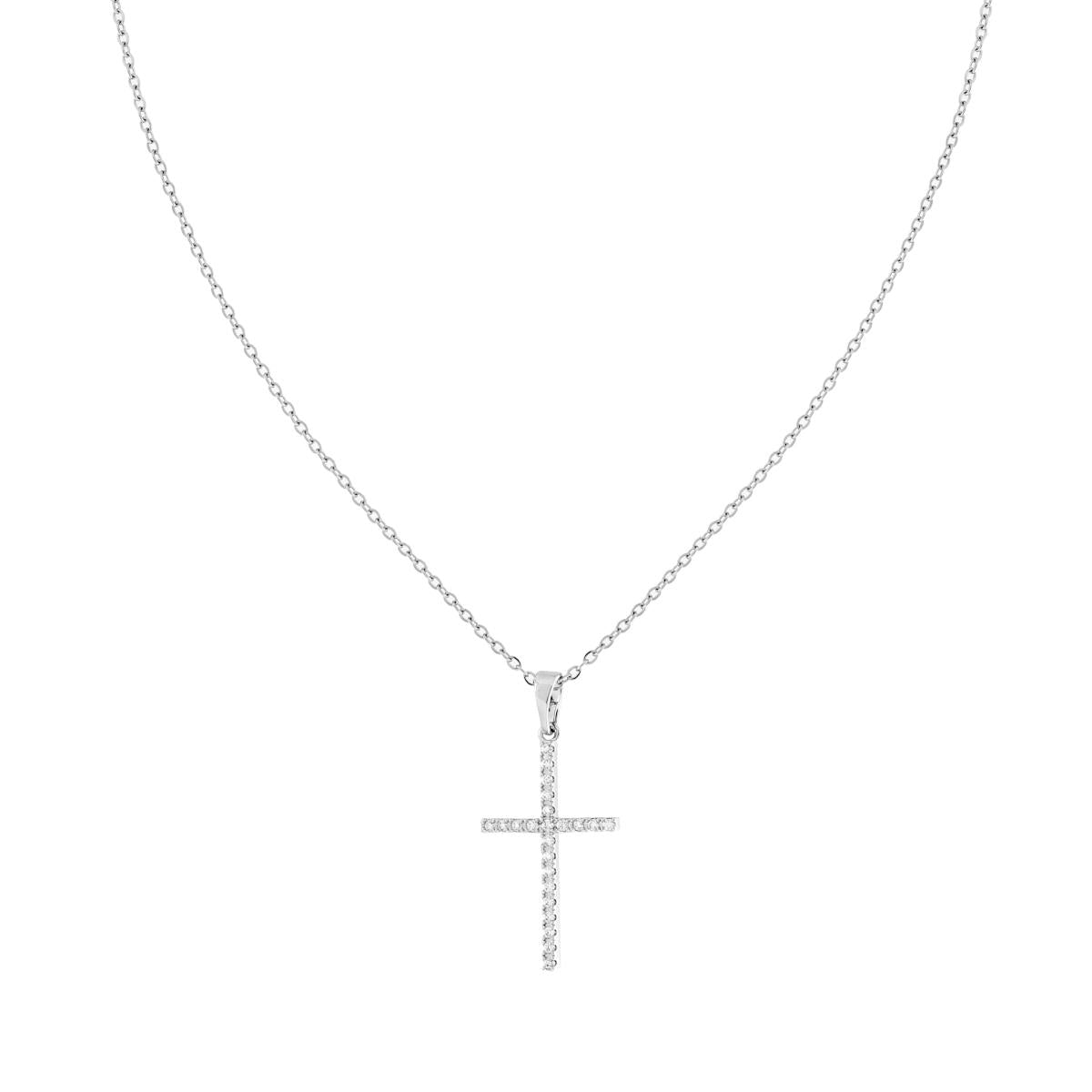 Collana Catena Forzatina Diamantata con Croce e Crystal Bianchi in ACCIAIO e OTTONE