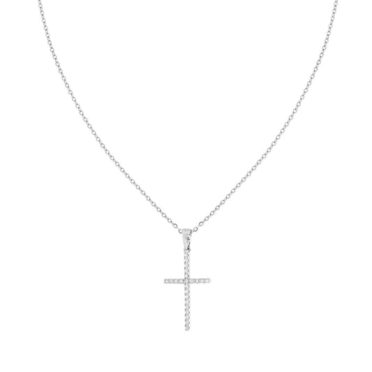 Collana Catena Forzatina Diamantata con Croce e Crystal Bianchi in ACCIAIO e OTTONE