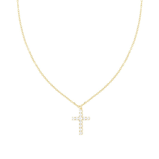 Collana Catena Forzatina Diamantata con Croce e Crystal Bianco in ACCIAIO e OTTONE colore Oro