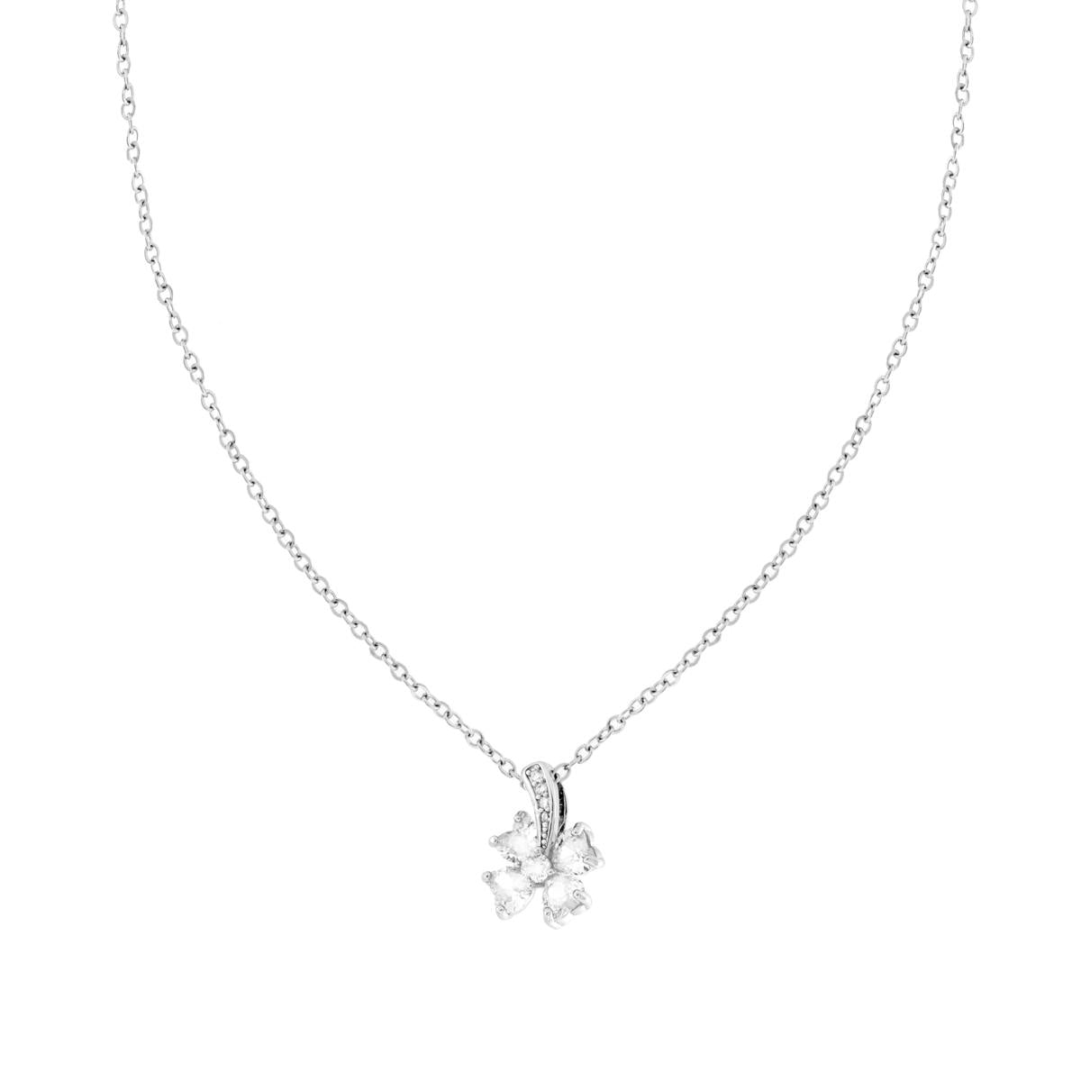 Collana Catena Forzatina Diamantata con Punto Luce Quadrifoglio e Crystal Bianco in ACCIAIO e OTTONE