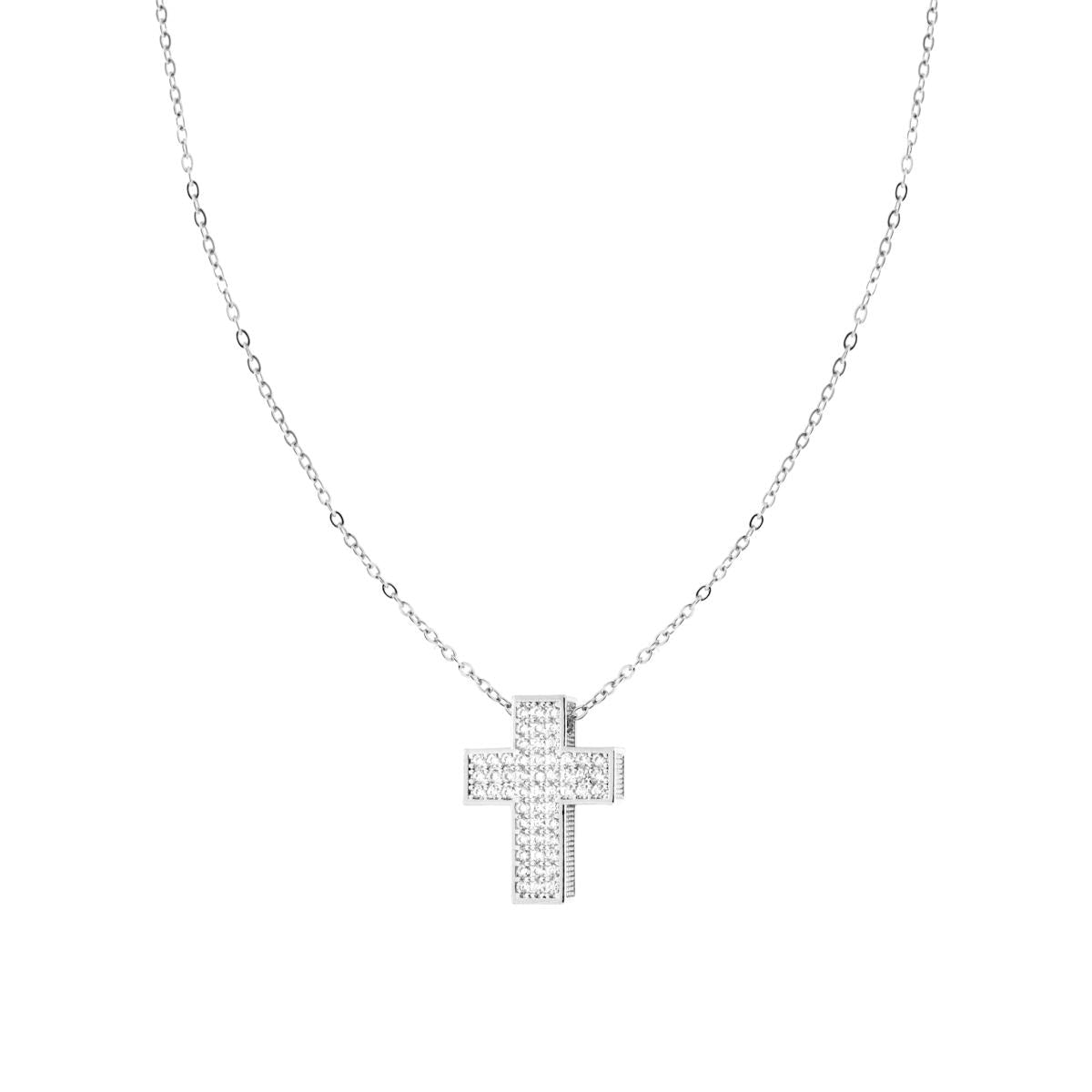 Collana Catena Forzatina Diamantata con Croce e Crystal Bianco in ACCIAIO e OTTONE