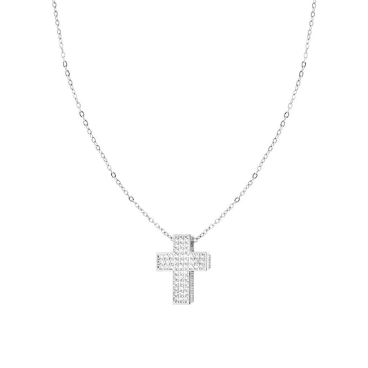 Collana Catena Forzatina Diamantata con Croce e Crystal Bianco in ACCIAIO e OTTONE
