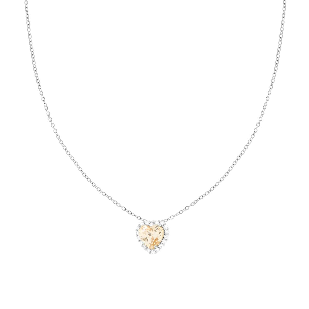Collana Catena Forzatina Diamantata con Cuore Champagne contornato da Crystal Bianchi in ACCIAIO e OTTONE