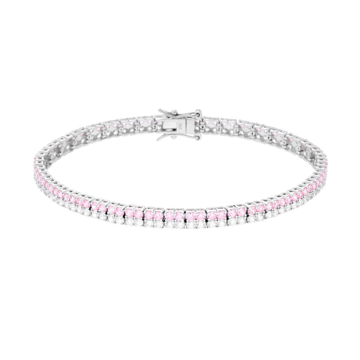 Bracciale Tennis Griffe cm 18 due fili Zirconi mm 2 Rosa e Bianco in ARGENTO Galvanica Rodio