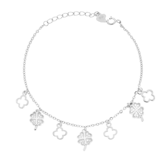 Bracciale Catena Forzatina Diamantata Quadrifogli e Cubic Zirconia Bianchi in ARGENTO Galvanica Rodio