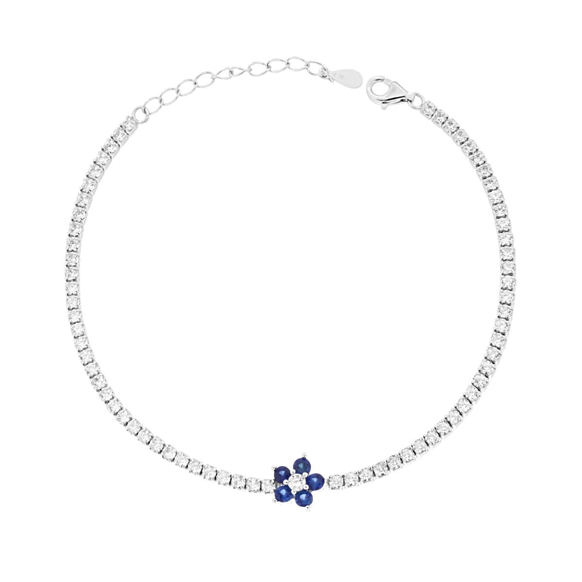 Bracciale Tennis Griffe con Fiore Blu Zaffiro e Cubic Zirconia Bianchi in ARGENTO Galvanica Rodio