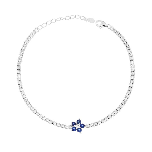 Bracciale Tennis Griffe con Fiore Blu Zaffiro e Cubic Zirconia Bianchi in ARGENTO Galvanica Rodio
