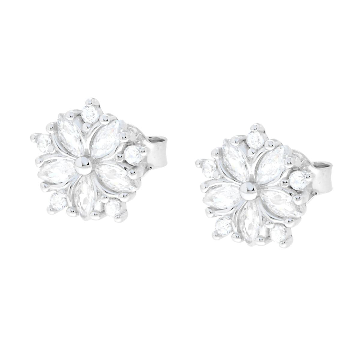 Orecchini Fiore con Cubic Zirconia Bianchi in ARGENTO 925 Galvanica Rodio