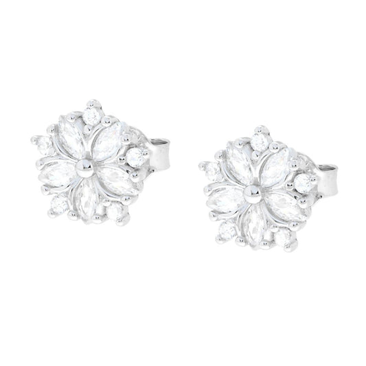 Orecchini Fiore con Cubic Zirconia Bianchi in ARGENTO 925 Galvanica Rodio