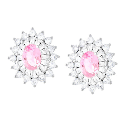Orecchini Ovale Rosa contornato da Cubic Zirconia Trapezio Bianchi in ARGENTO 925 Galvanica Rodio