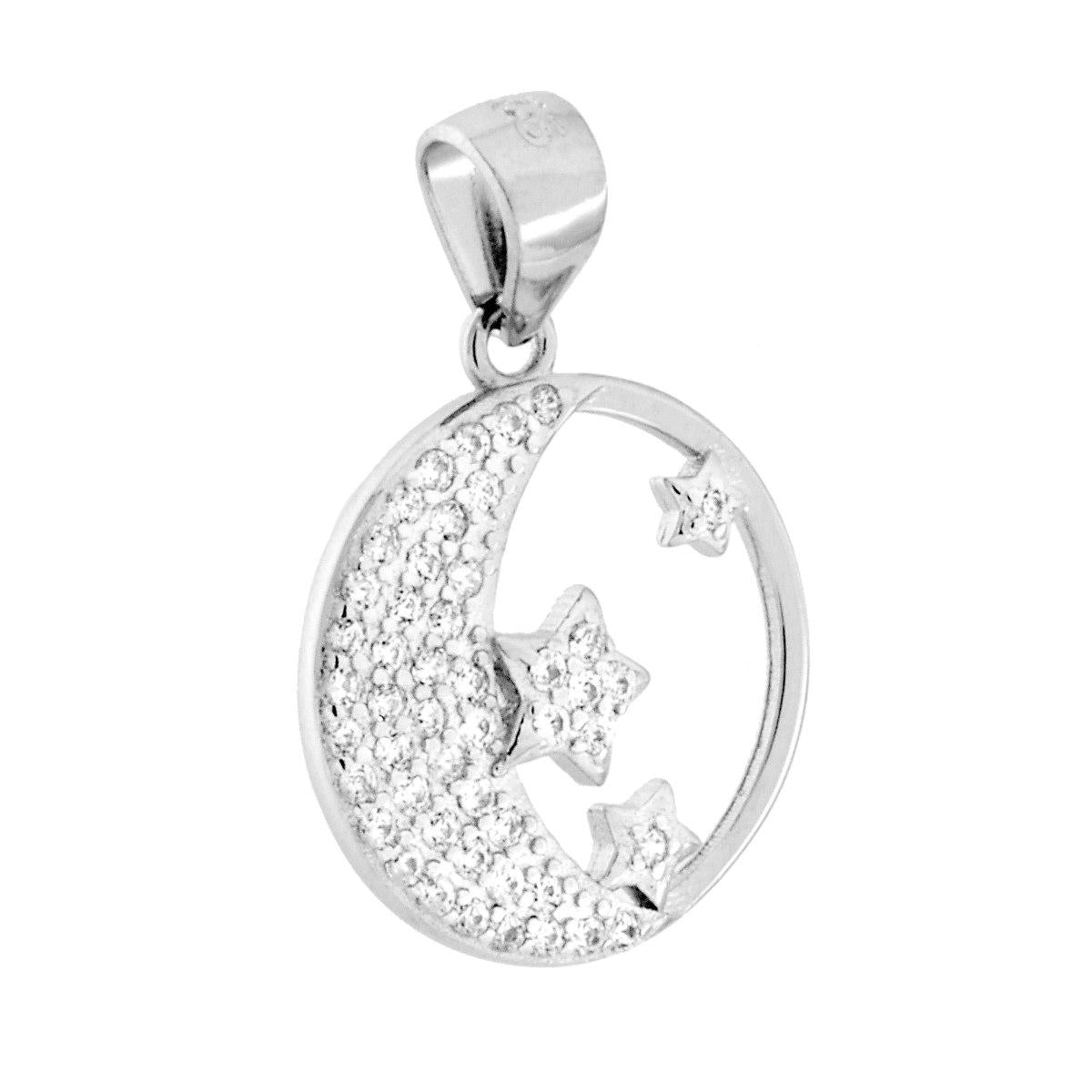 Ciondolo tondo con finitura lucida con luna e stelle con cubic zirconia bianchi incastonati.<BR>