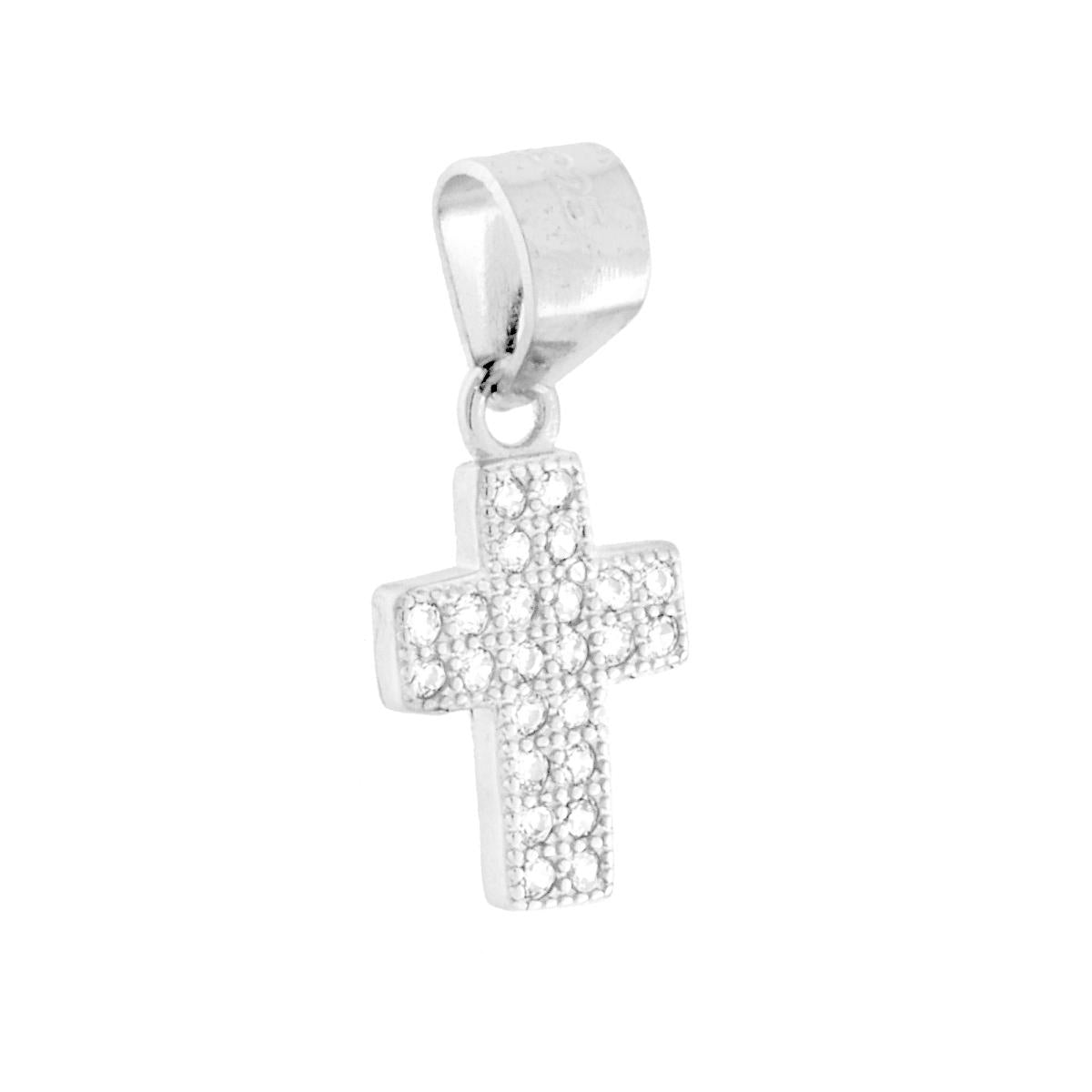 Ciondolo a forma di croce con cubic zirconia bianchi incastonati.
