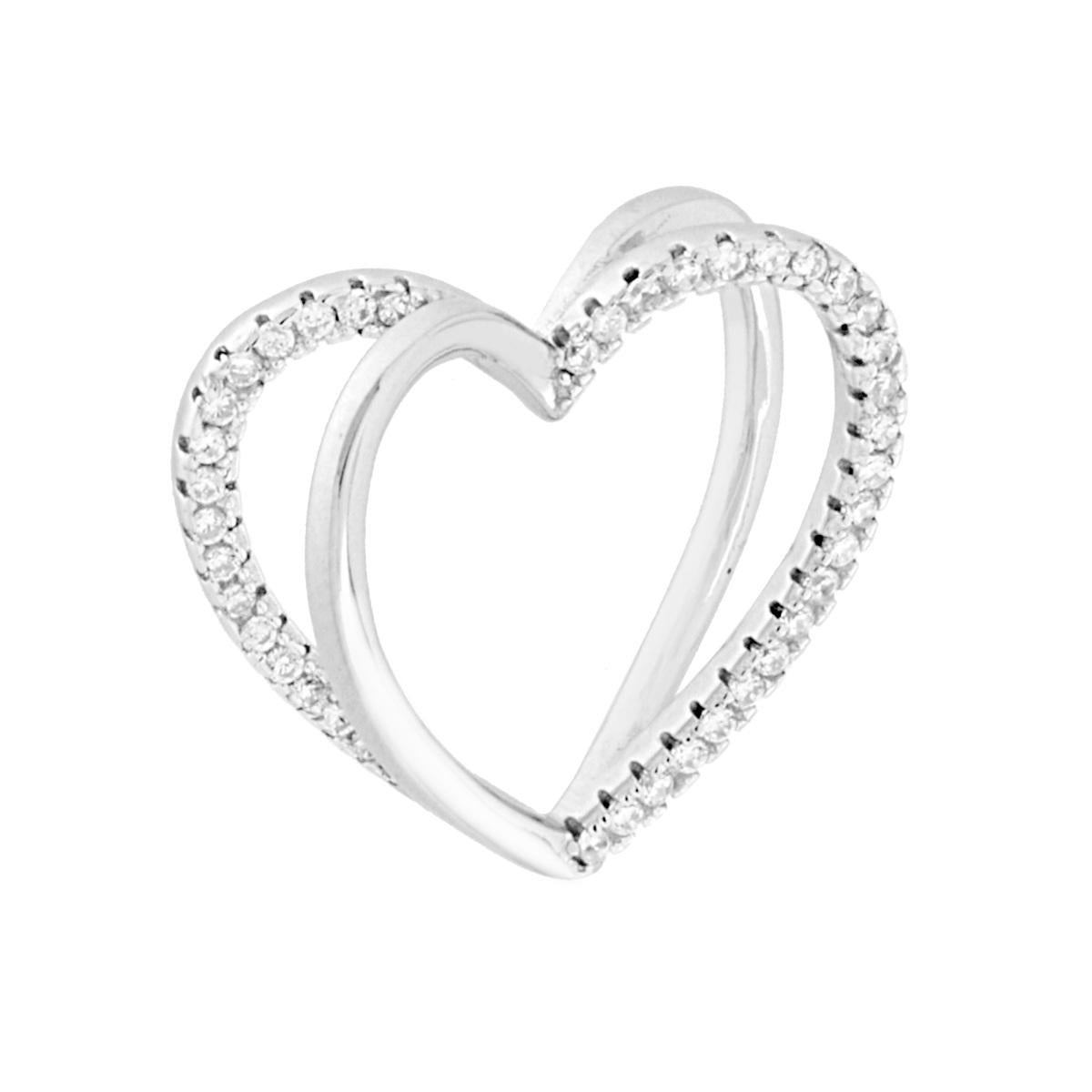 Ciondolo a forma di cuore con passante per catena, finitura liscia e lucida e cubic zirconia bianchi incastonati.