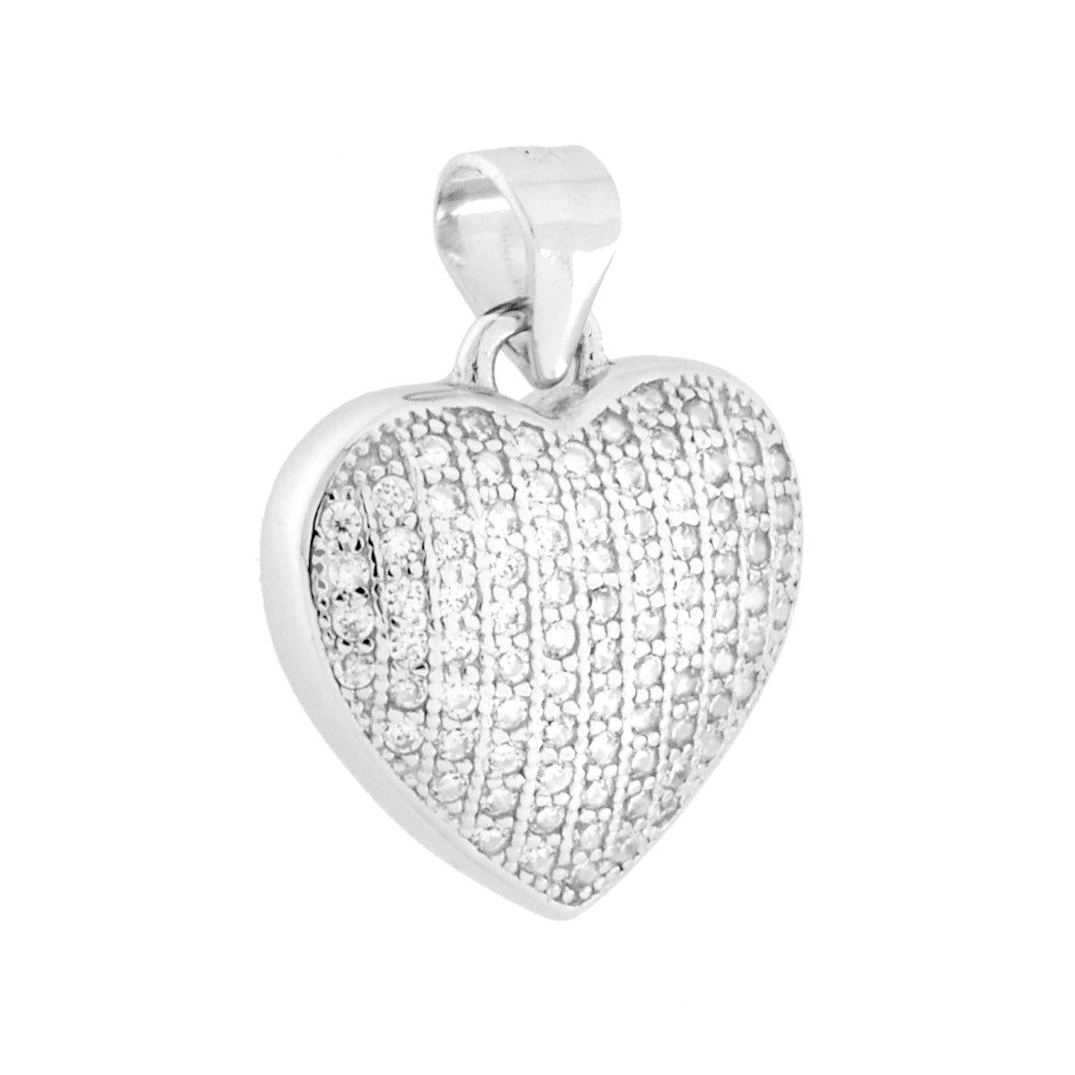 Ciondolo a forma di cuore bombato con cubic zirconia bianchi incastonati con lavorazione Pavč.<BR>