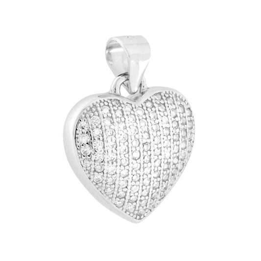 Ciondolo a forma di cuore bombato con cubic zirconia bianchi incastonati con lavorazione Pavč.<BR>