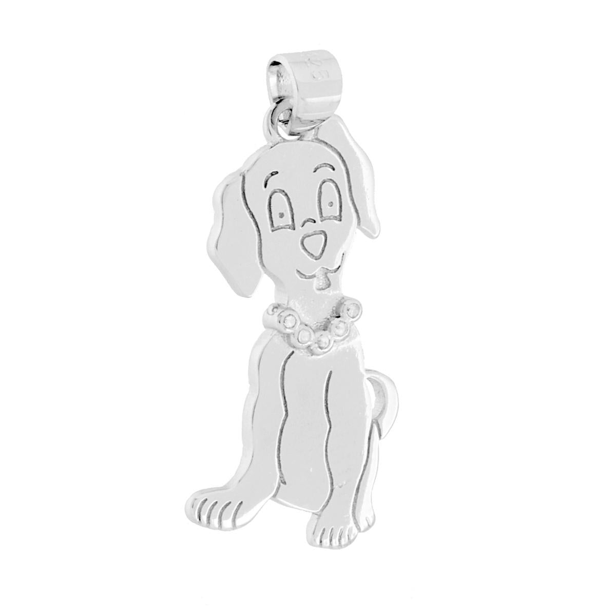 Ciondolo a forma di cane con finitura lucida e laser, collare con cubic zirconia bianchi incastonati.
