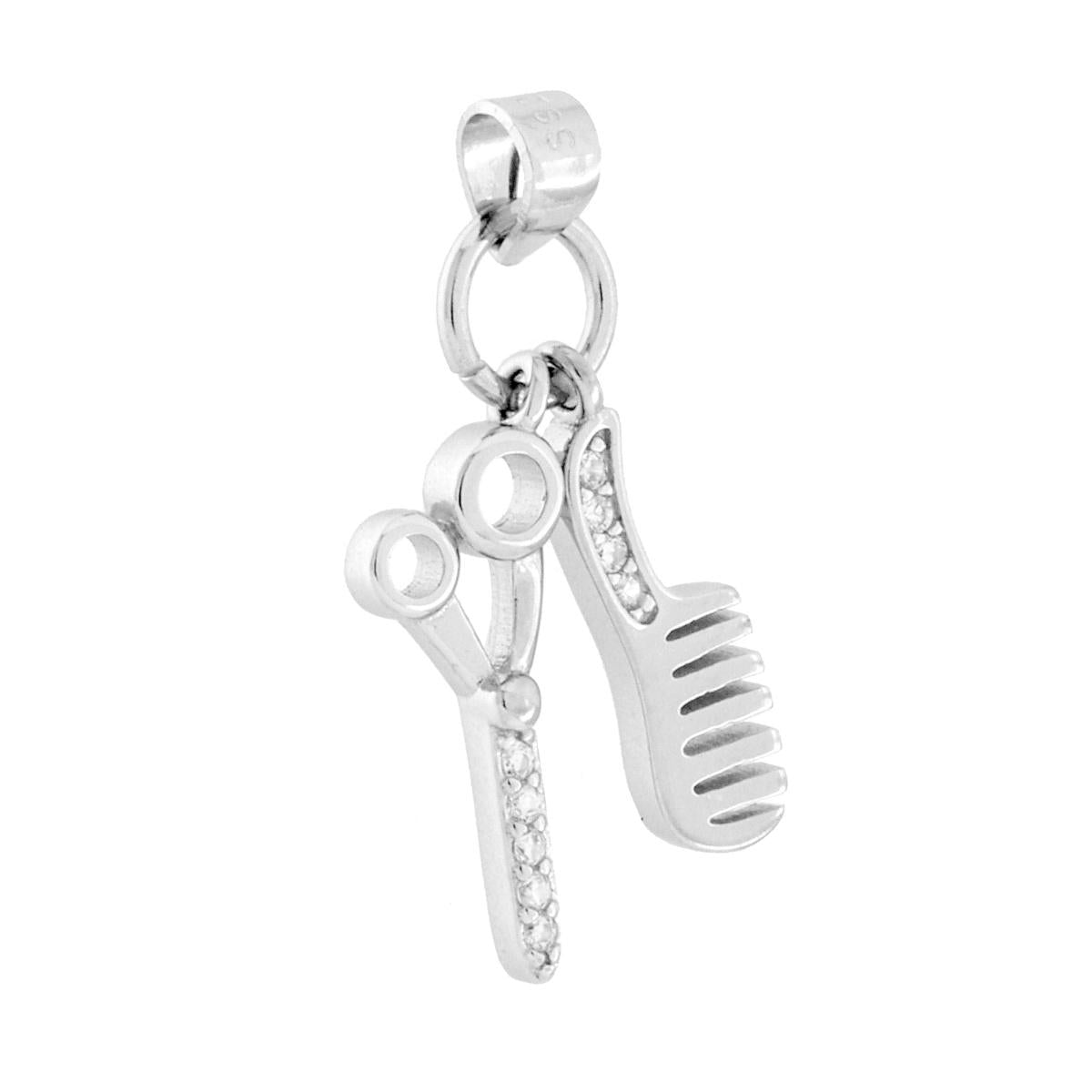 Ciondolo con doppio accessorio pendente a forma di pettine e forbice con finitura lucida e cubic zirconia bianchi incastonati.
