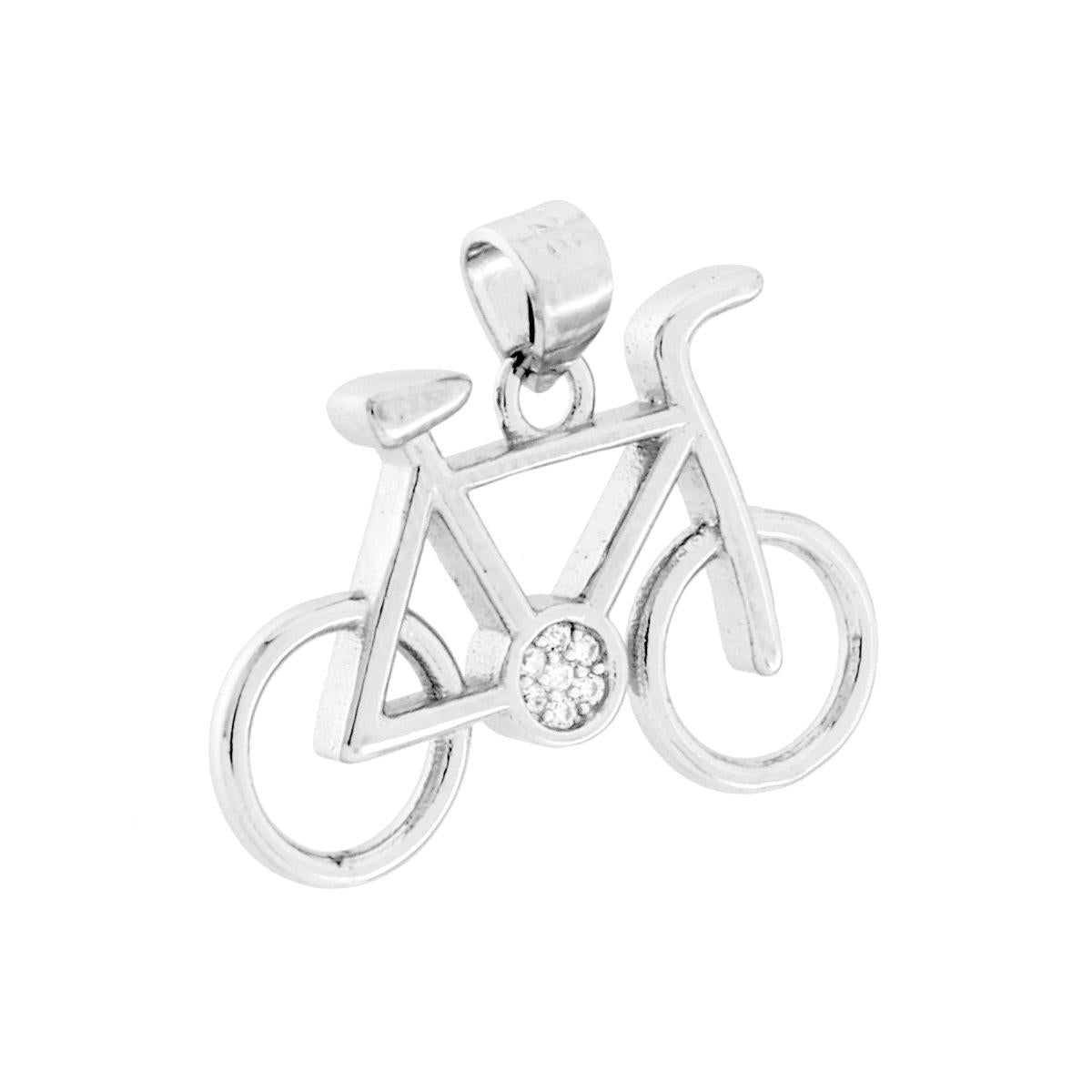 Ciondolo a forma di bicicletta con finitura lucida e con cubic zirconia bianchi incastonati.