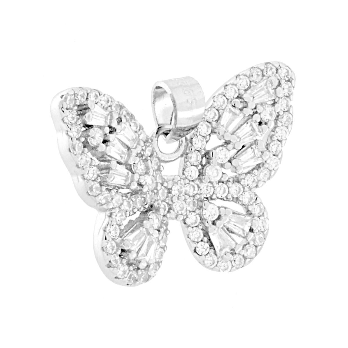 Ciondolo a forma di farfalla con cubic zirconia taglio tondo e trapezio montati su Griffe.