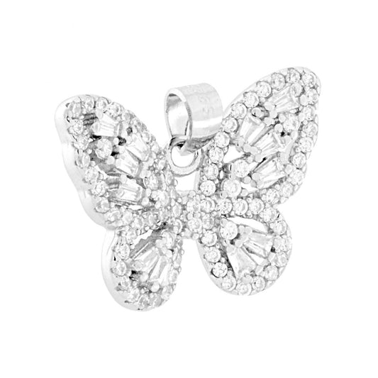 Ciondolo a forma di farfalla con cubic zirconia taglio tondo e trapezio montati su Griffe.