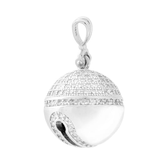 Ciondolo sfera chiama angeli a forma di sonaglio con finitura lucida e con cubic zirconia incastonati.<BR>