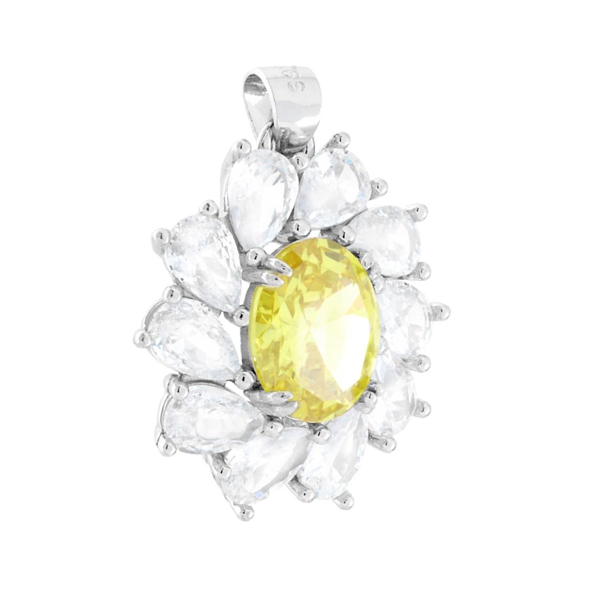 Ciondolo Fiore con ovale colore Topazio Giallo con petali cubic zirconia bianchi taglio goccia incastonati intorno.