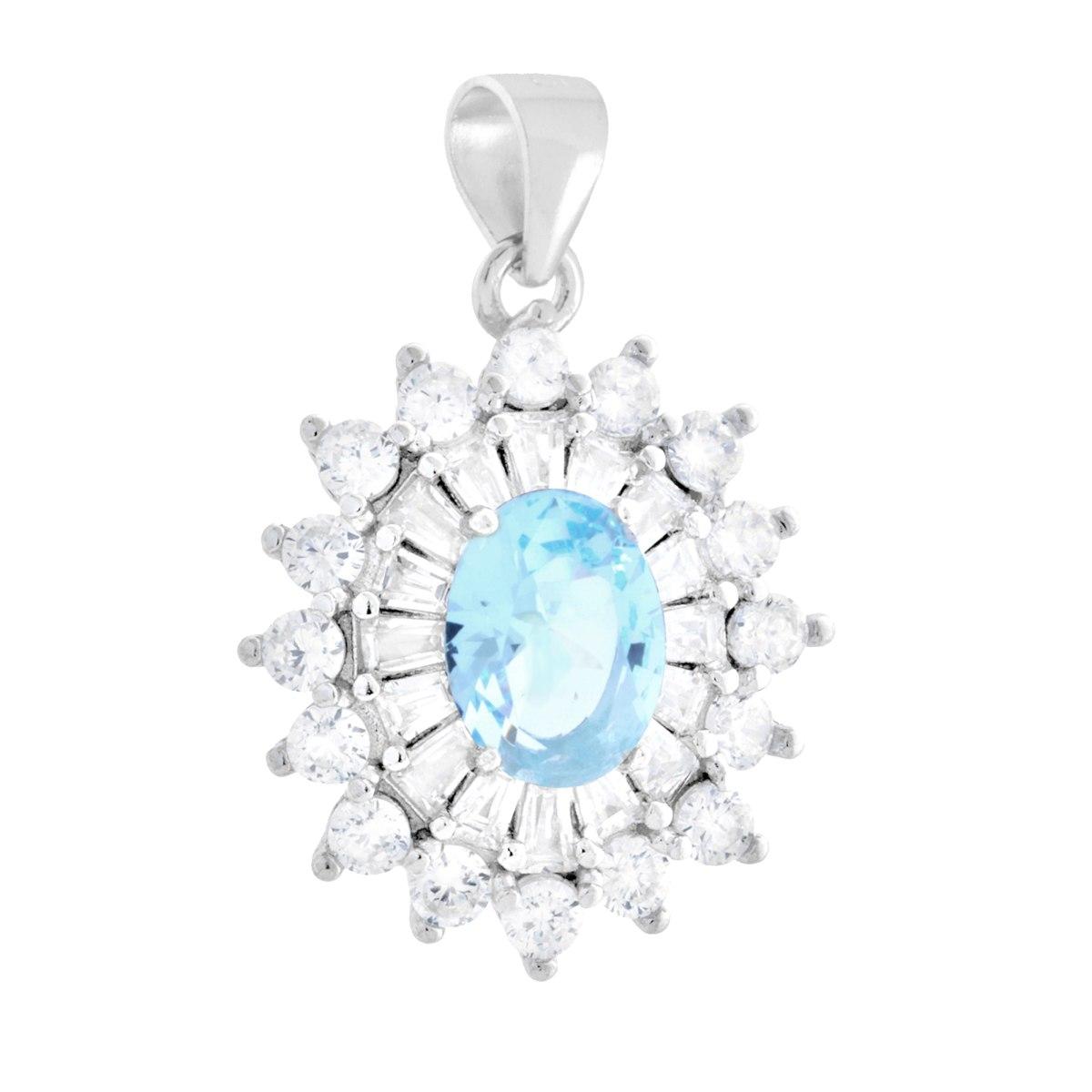 Ciondolo con ovale colore Acquamarina e cubic zirconia bianchi taglio Trapezio e tondi incastonati intorno. <BR>