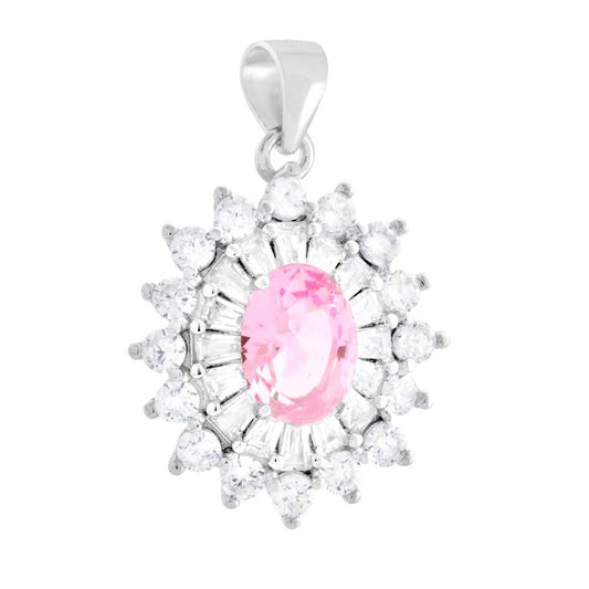 Ciondolo con ovale colore Rosa e cubic zirconia bianchi taglio Trapezio e tondi incastonati intorno. <BR>