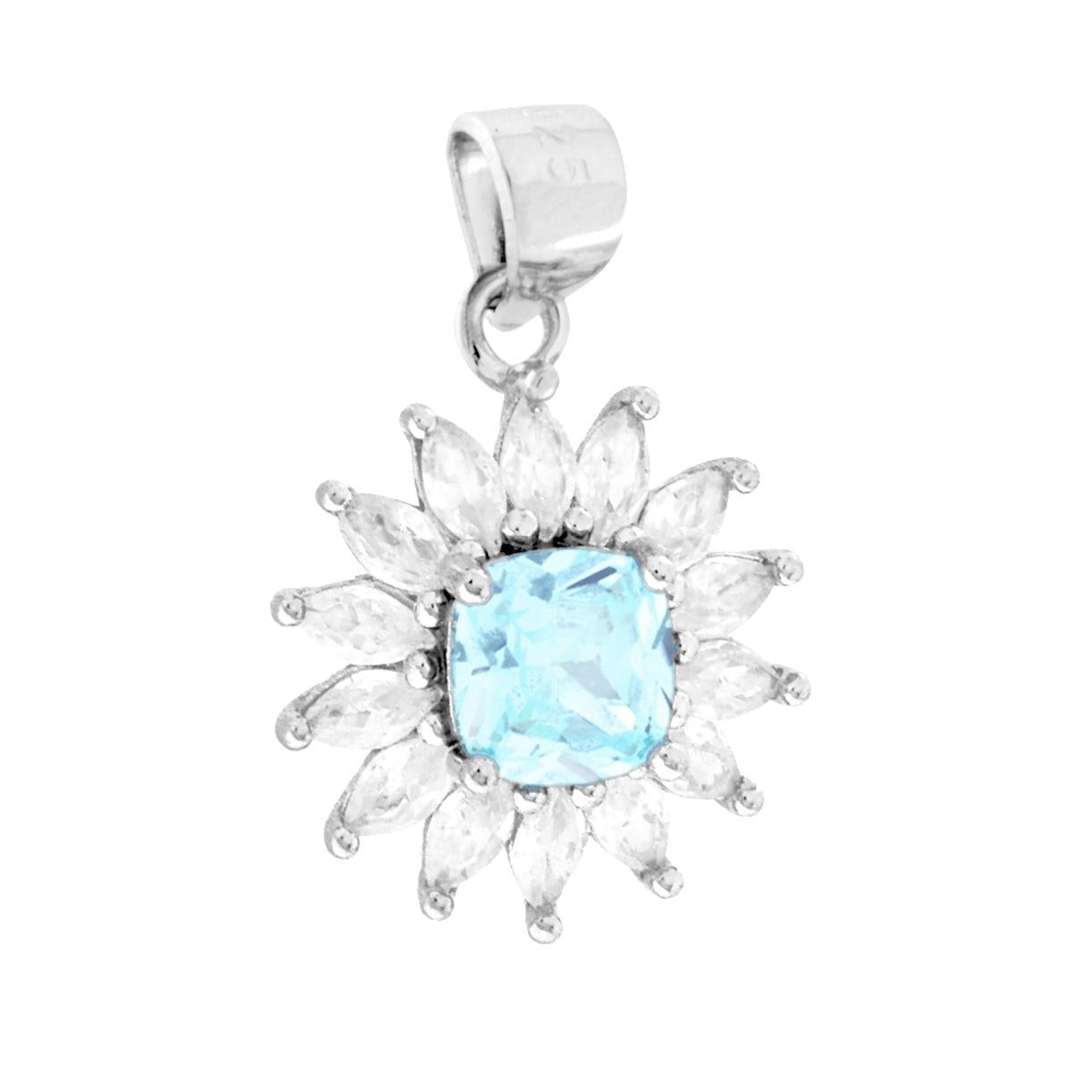 Ciondolo fiore con Quadrato colore Acquamarina e petali cubic zirconia bianchi taglio marquise e tondi incastonati intorno.<BR>