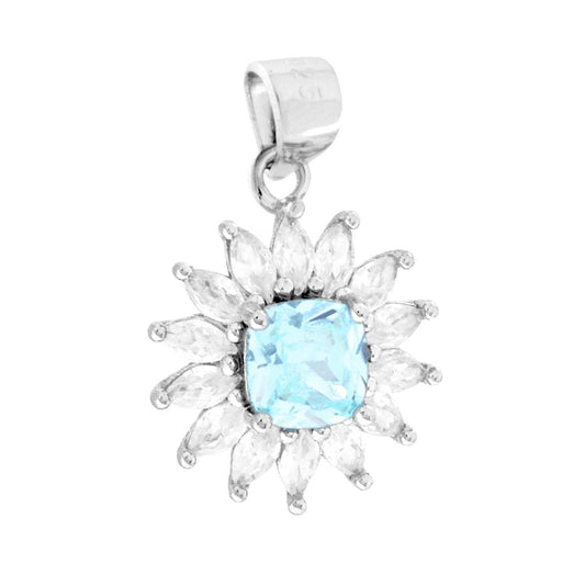 Ciondolo fiore con Quadrato colore Acquamarina e petali cubic zirconia bianchi taglio marquise e tondi incastonati intorno.<BR>