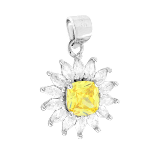 Ciondolo fiore con Quadrato colore Topazio Giallo e petali cubic zirconia bianchi taglio marquise e tondi incastonati intorno.