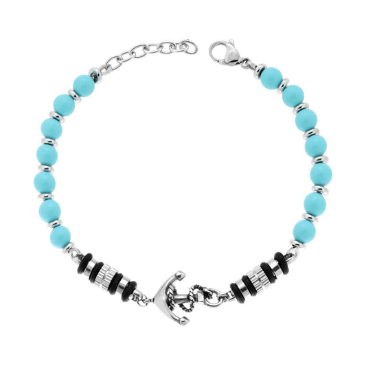 Bracciale Catena con Pietre Naturali colore Turchese con Ancora in ACCIAIO